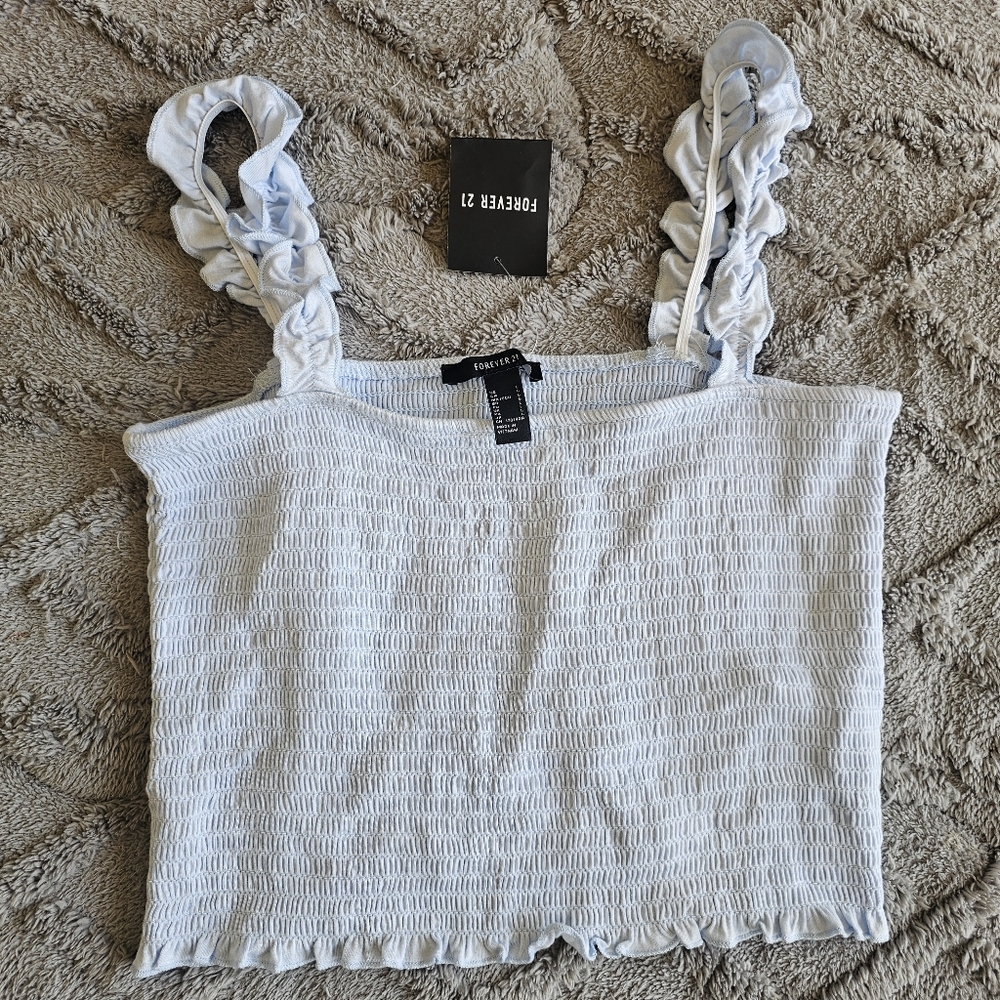 New Womens L Forever 21 Baby Blue Pastel Light Blue Tank Tube Top Blouse Stretch
